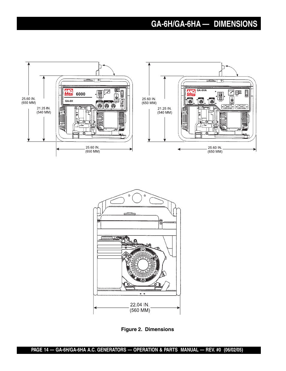 Ga-6h/ga-6ha — dimensions | Multiquip MQ Multiquip Portable Generators ga-6h User Manual | Page 14 / 84