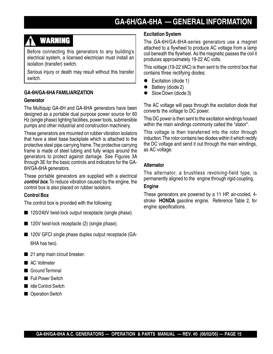 Ga-6h/ga-6ha — general information, Warning | Multiquip MQ Multiquip Portable Generators ga-6h User Manual | Page 15 / 84