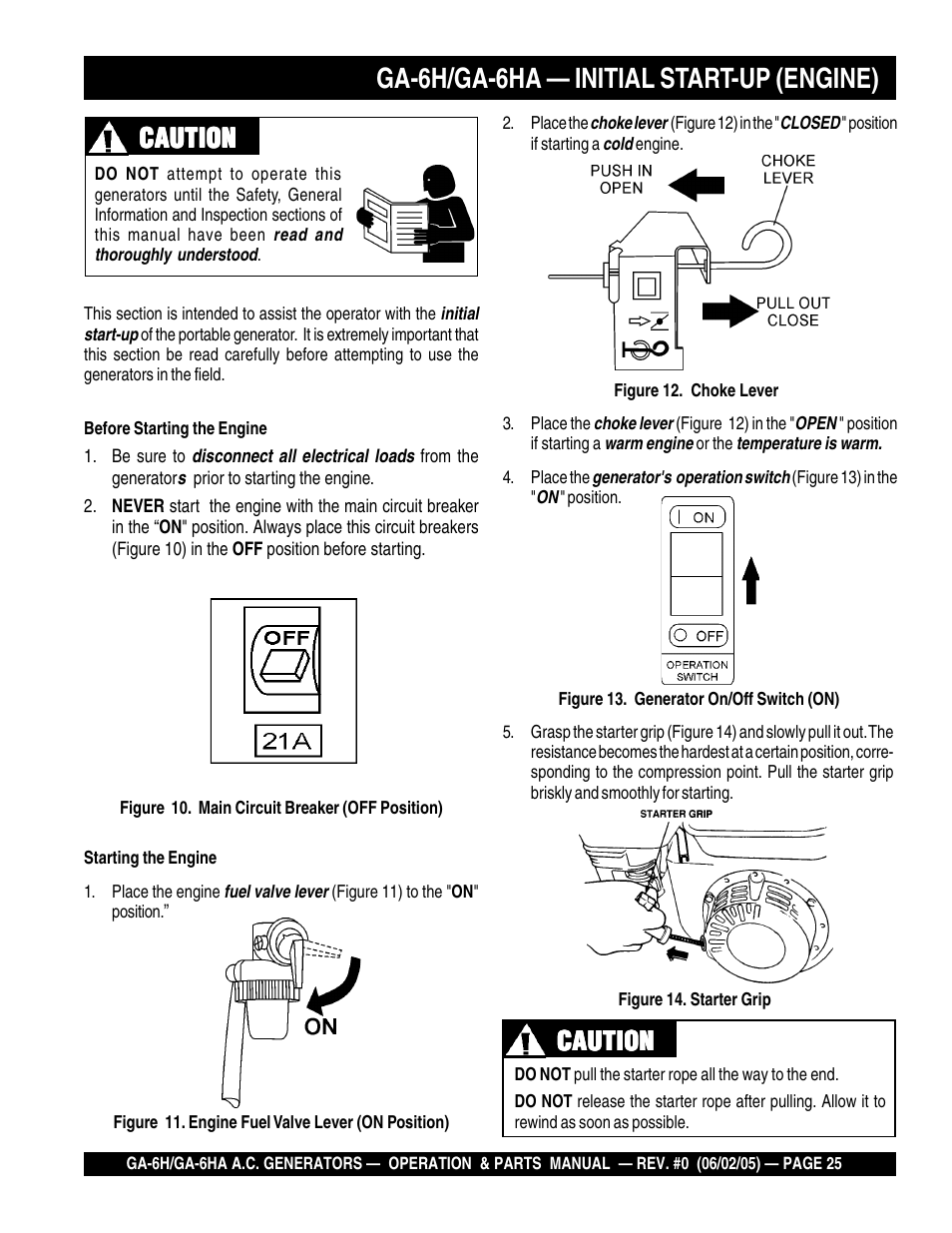 Ga-6h/ga-6ha — initial start-up (engine), Caution | Multiquip MQ Multiquip Portable Generators ga-6h User Manual | Page 25 / 84