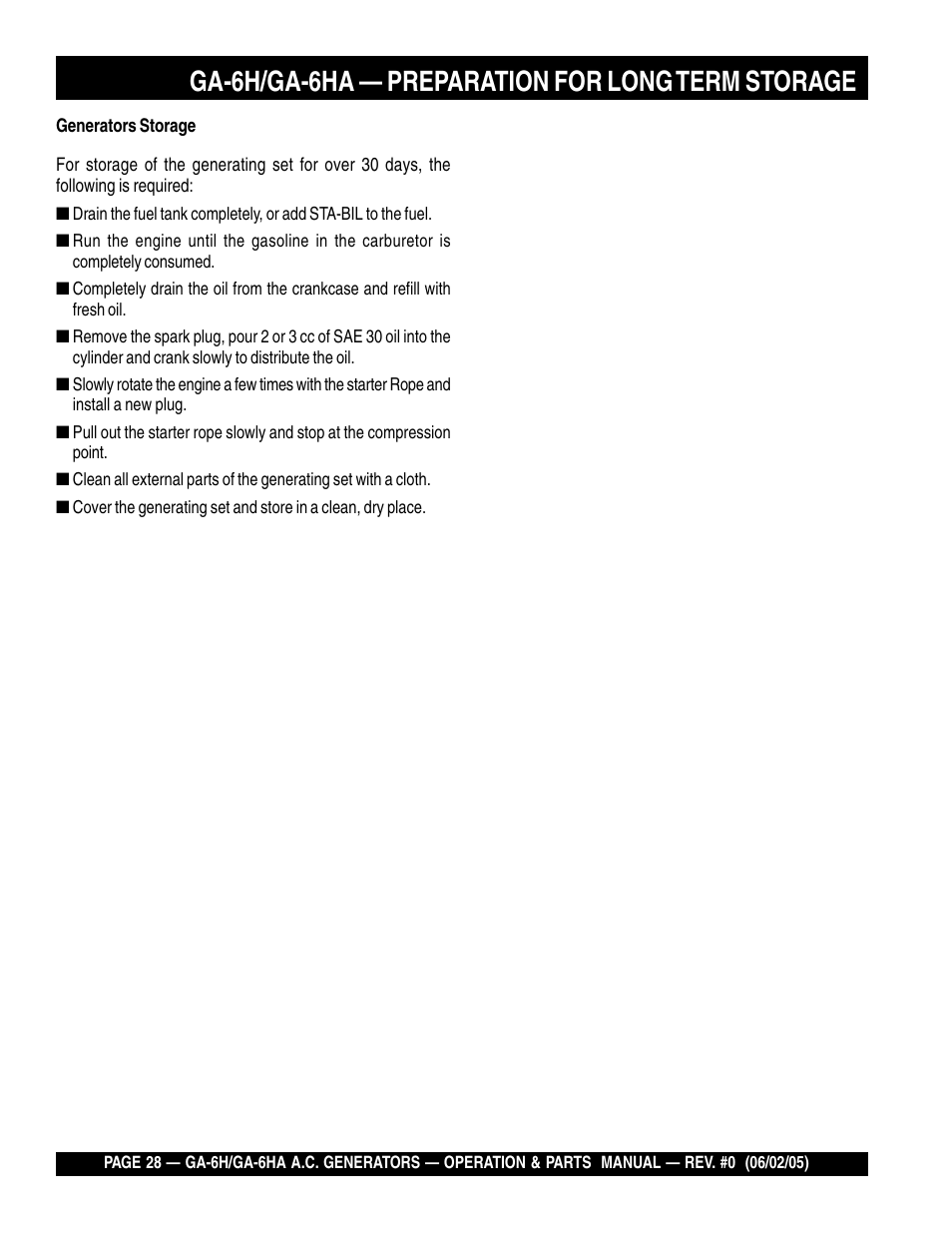 Ga-6h/ga-6ha — preparation for long term storage | Multiquip MQ Multiquip Portable Generators ga-6h User Manual | Page 28 / 84