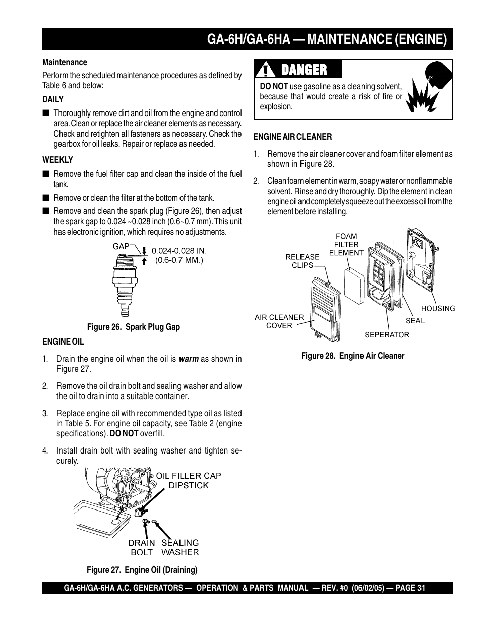 Ga-6h/ga-6ha — maintenance (engine), Danger | Multiquip MQ Multiquip Portable Generators ga-6h User Manual | Page 31 / 84