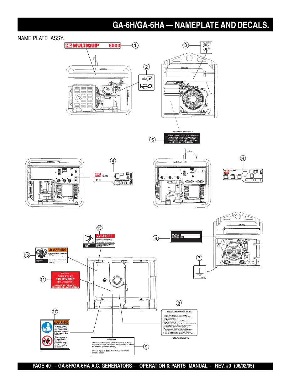 Ga-6h/ga-6ha — nameplate and decals | Multiquip MQ Multiquip Portable Generators ga-6h User Manual | Page 40 / 84