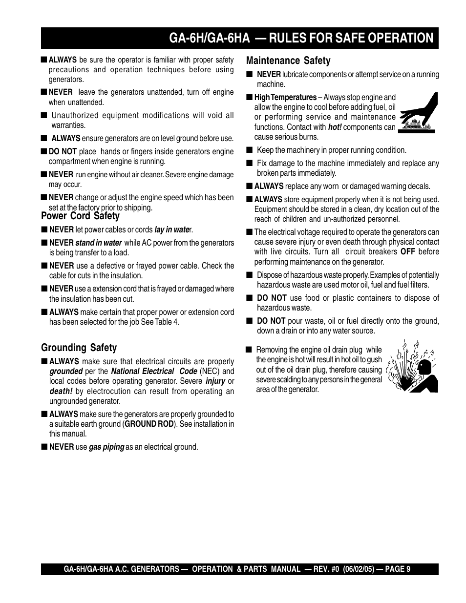 Ga-6h/ga-6ha — rules for safe operation, Power cord safety, Grounding safety | Maintenance safety | Multiquip MQ Multiquip Portable Generators ga-6h User Manual | Page 9 / 84