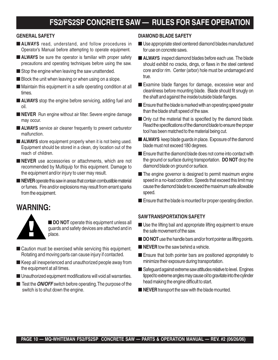 Warning, Fs2/fs2sp concrete saw — rules for safe operation | Multiquip Whiteman Concrete Saw FS2 User Manual | Page 10 / 78