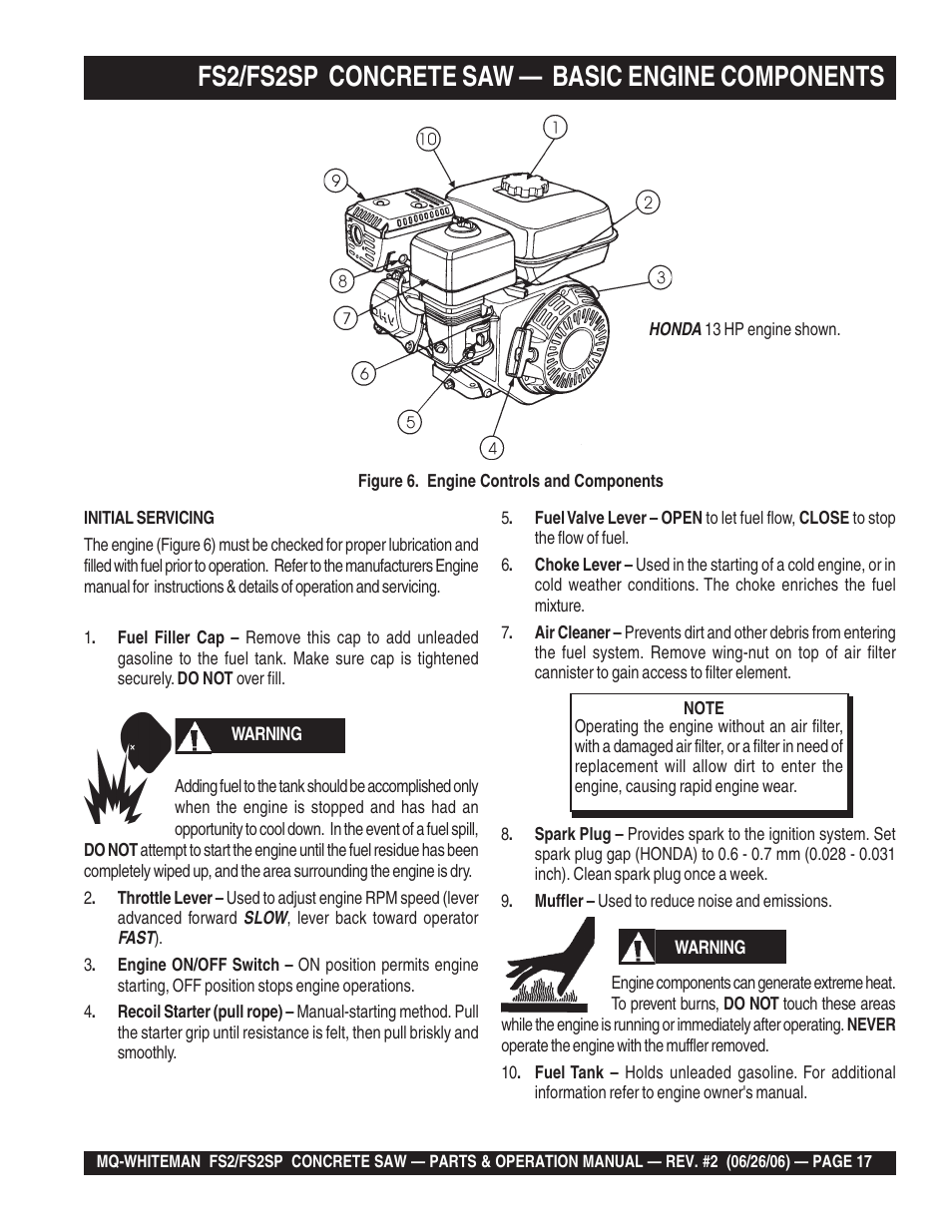 Fs2/fs2sp concrete saw — basic engine components | Multiquip Whiteman Concrete Saw FS2 User Manual | Page 17 / 78