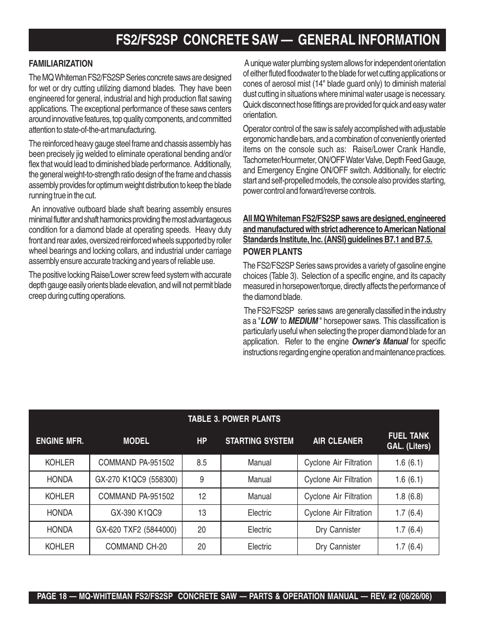 Fs2/fs2sp concrete saw — general information | Multiquip Whiteman Concrete Saw FS2 User Manual | Page 18 / 78