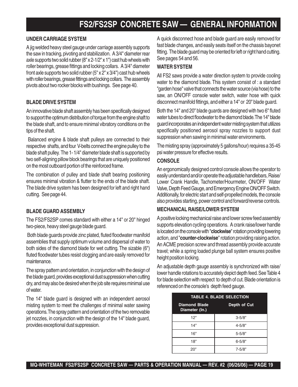 Fs2/fs2sp concrete saw — general information | Multiquip Whiteman Concrete Saw FS2 User Manual | Page 19 / 78