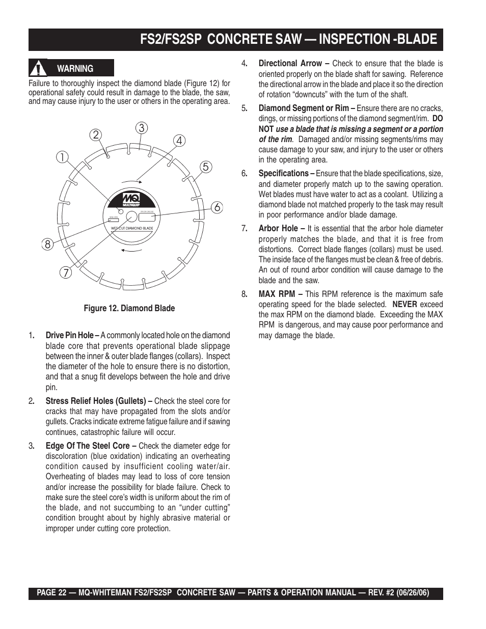 Fs2/fs2sp concrete saw — inspection -blade | Multiquip Whiteman Concrete Saw FS2 User Manual | Page 22 / 78