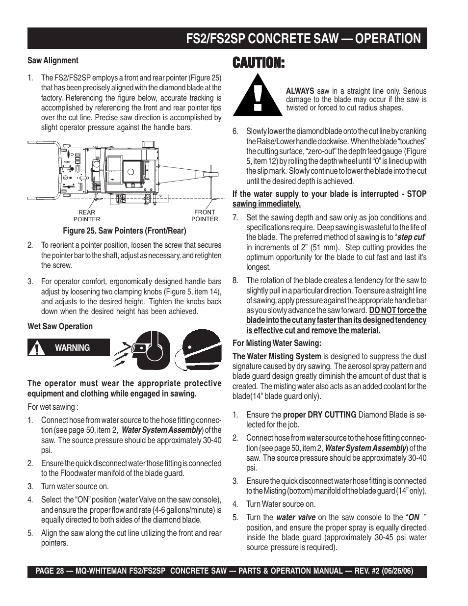 Fs2/fs2sp concrete saw — operation, Caution | Multiquip Whiteman Concrete Saw FS2 User Manual | Page 28 / 78