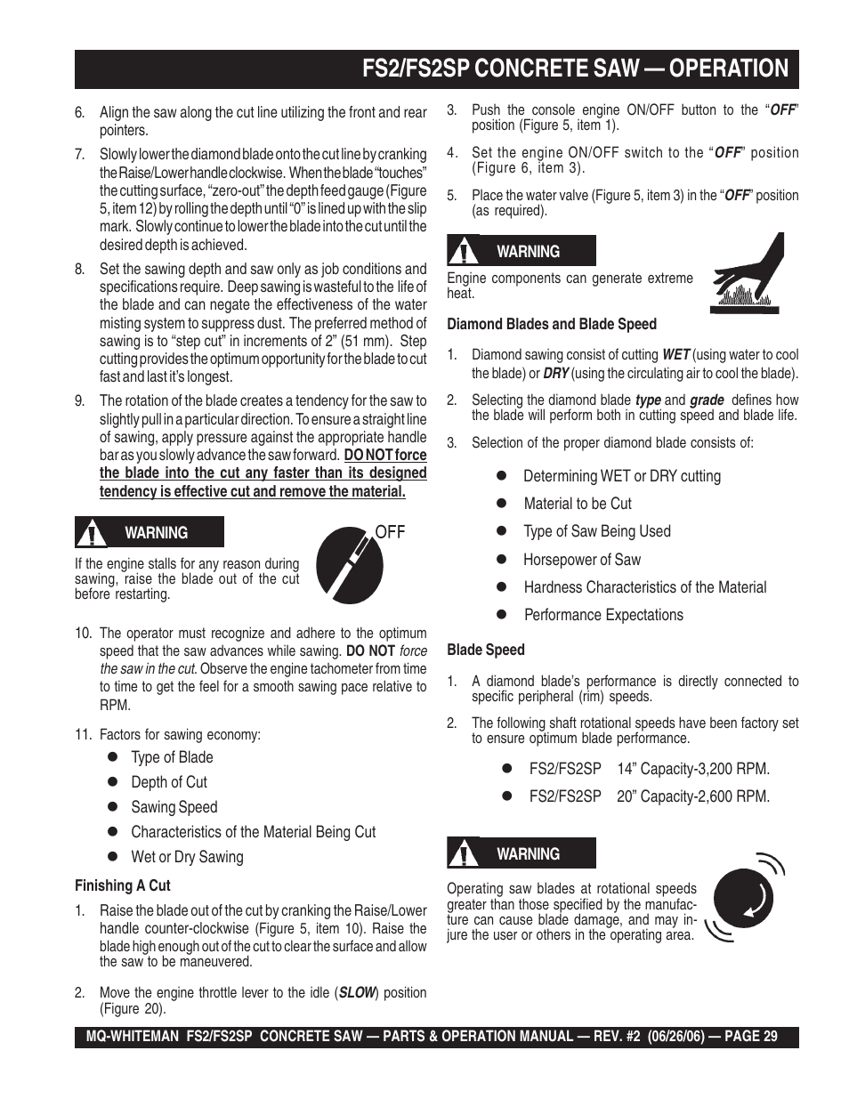 Fs2/fs2sp concrete saw — operation | Multiquip Whiteman Concrete Saw FS2 User Manual | Page 29 / 78