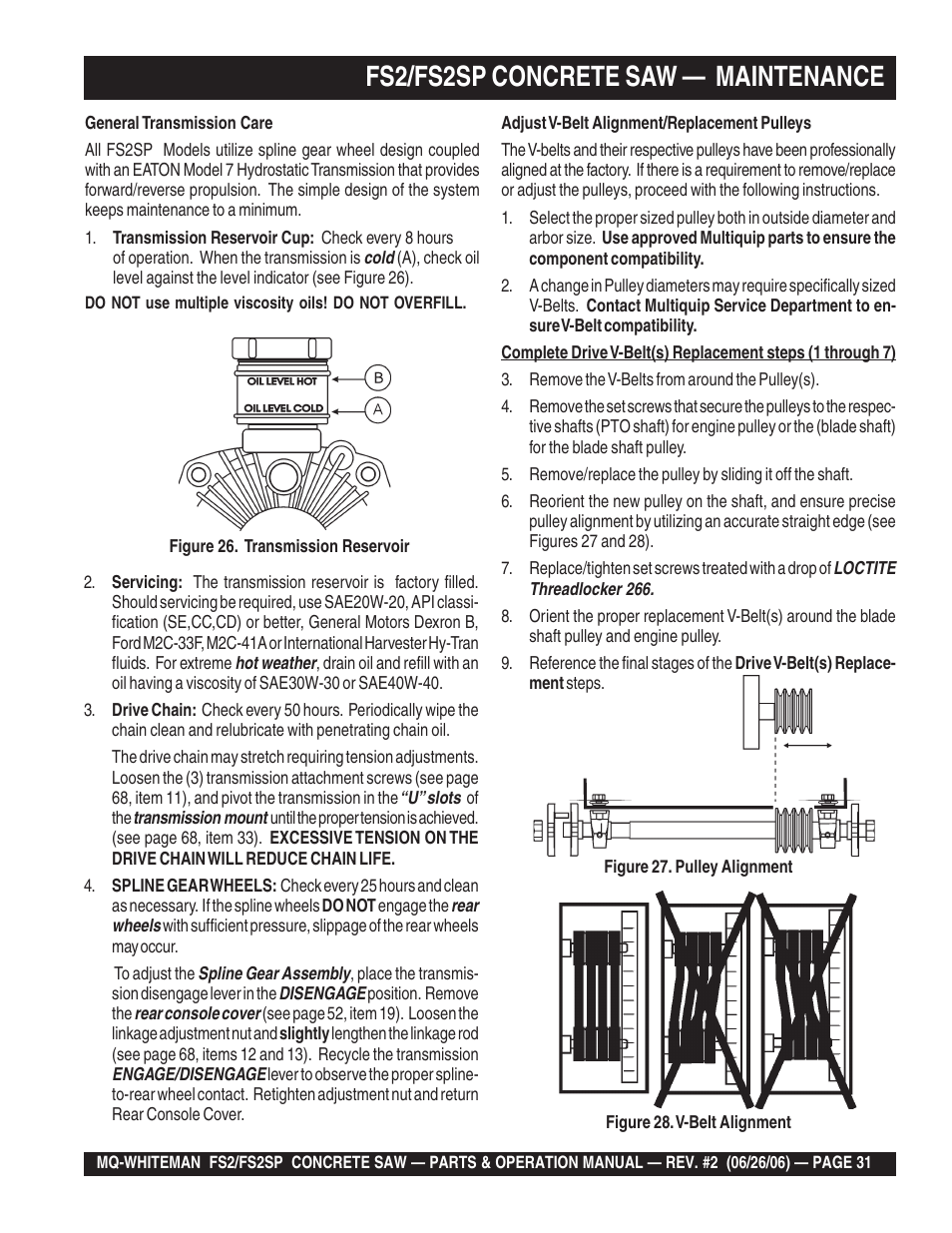Fs2/fs2sp concrete saw — maintenance | Multiquip Whiteman Concrete Saw FS2 User Manual | Page 31 / 78