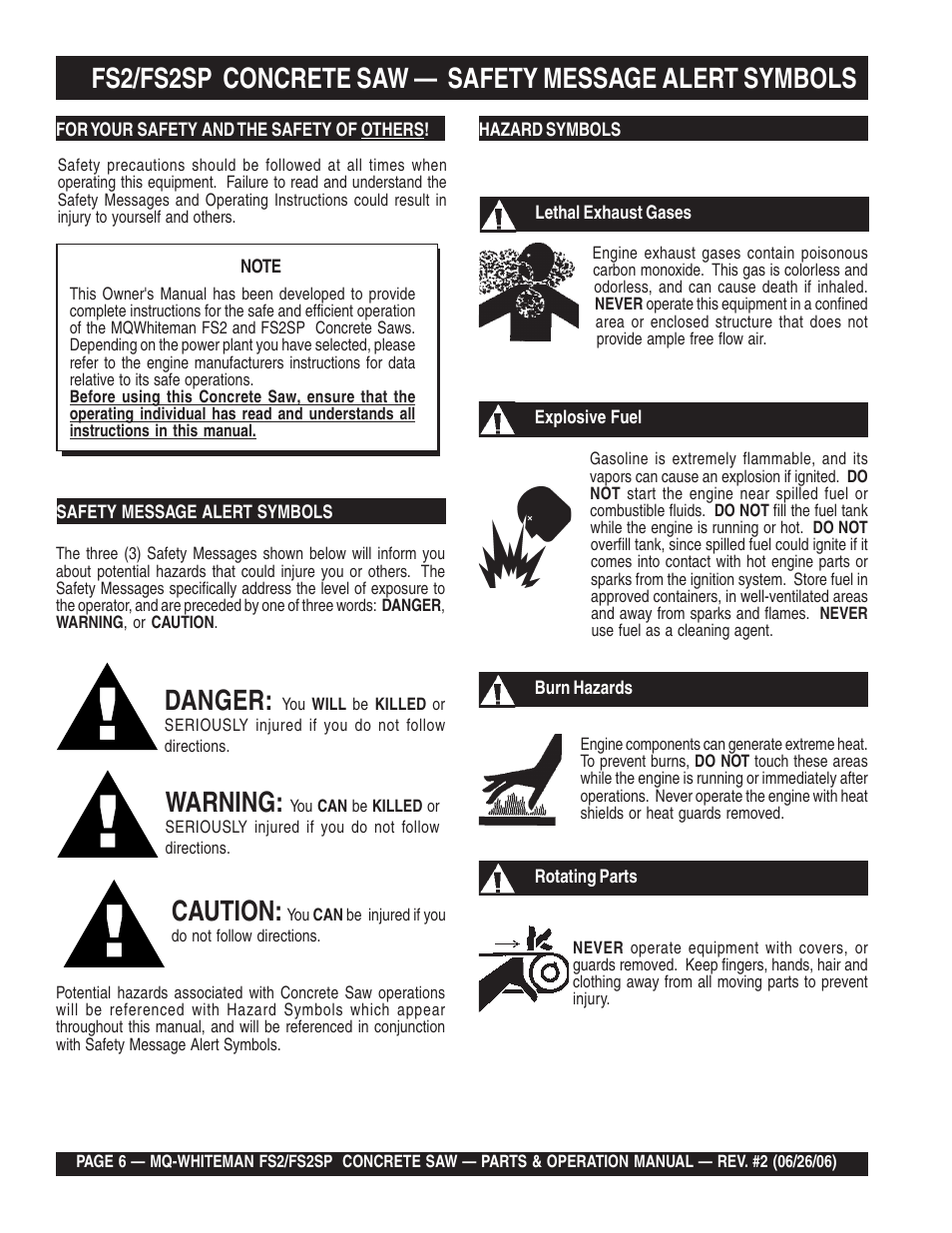 Danger, Warning, Caution | Multiquip Whiteman Concrete Saw FS2 User Manual | Page 6 / 78