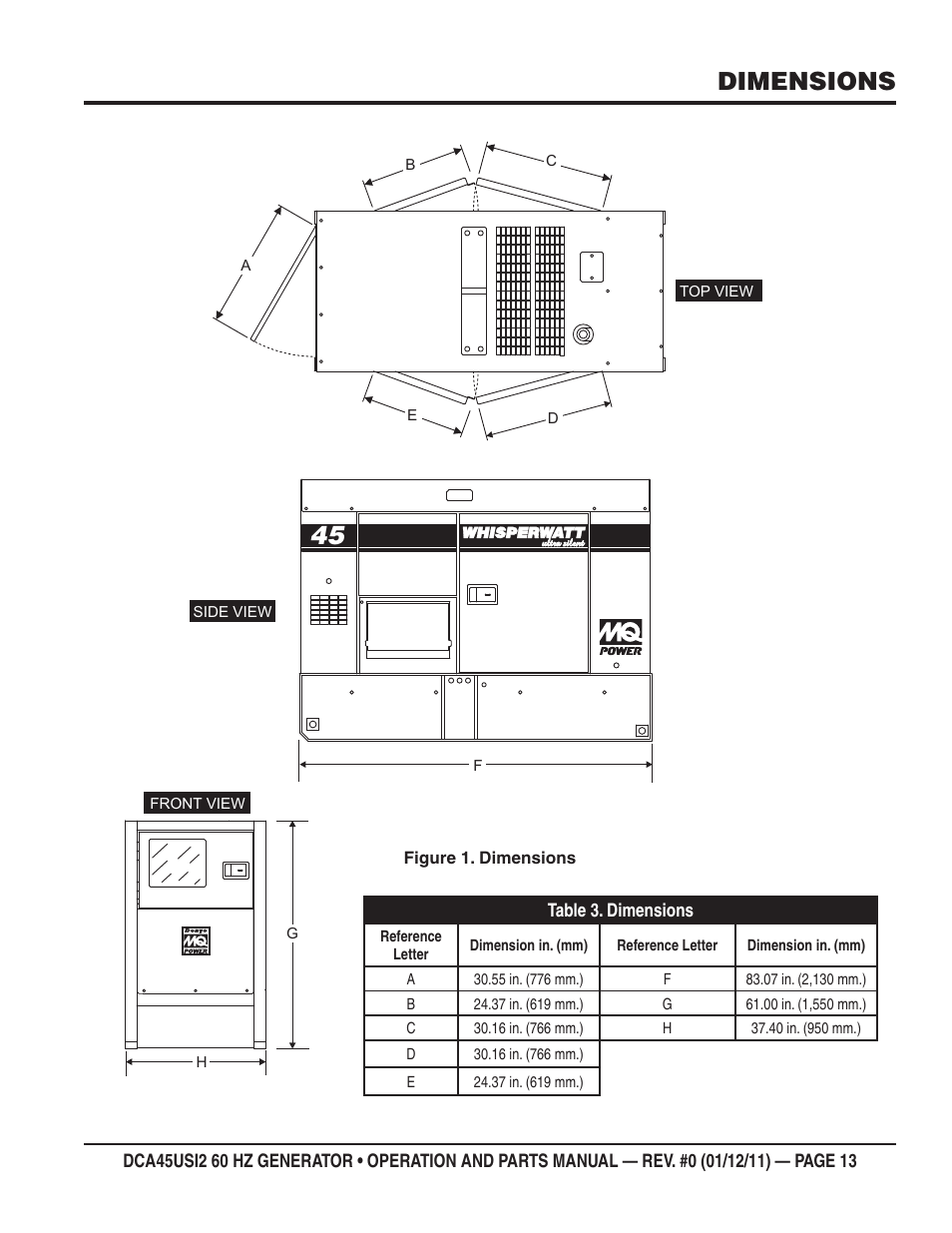 Dimensions | Multiquip 60Hz Whisperwatt Generator DCA45USI2 User Manual | Page 13 / 82