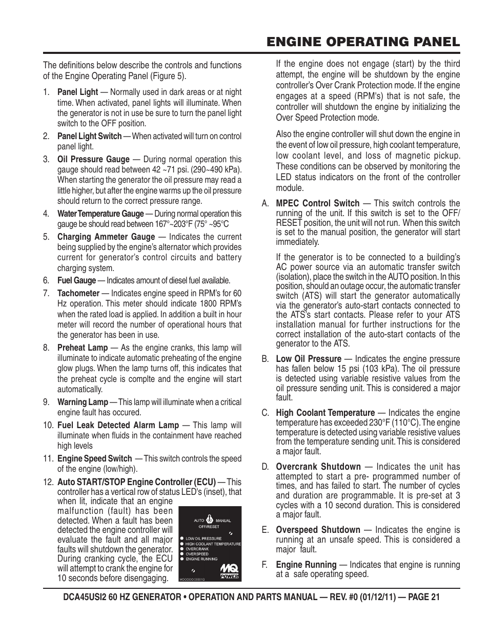Engine operating panel | Multiquip 60Hz Whisperwatt Generator DCA45USI2 User Manual | Page 21 / 82
