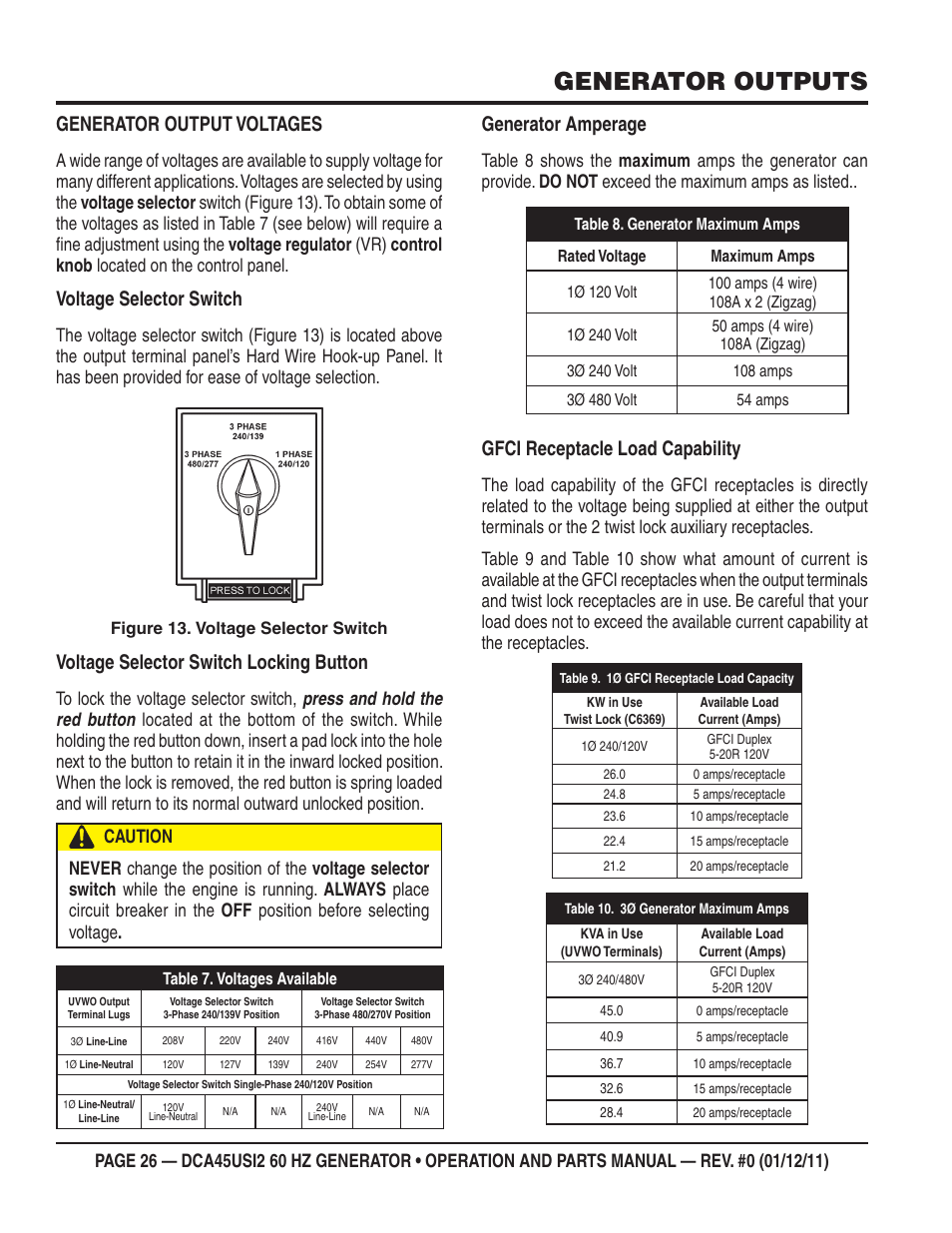 Generator outputs, Generator output voltages, Voltage selector switch | Voltage selector switch locking button, Generator amperage, Gfci receptacle load capability | Multiquip 60Hz Whisperwatt Generator DCA45USI2 User Manual | Page 26 / 82