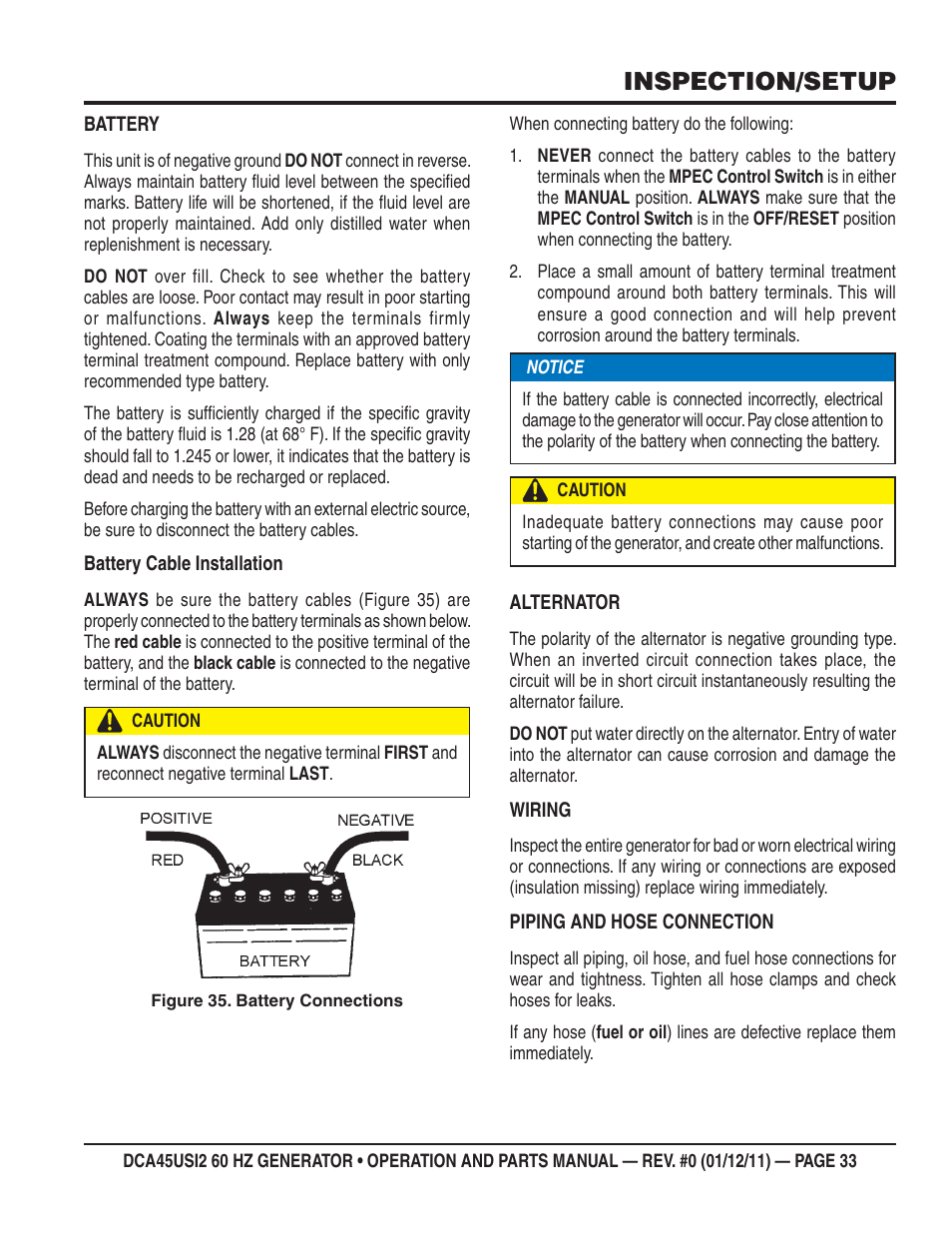 Inspection/setup | Multiquip 60Hz Whisperwatt Generator DCA45USI2 User Manual | Page 33 / 82