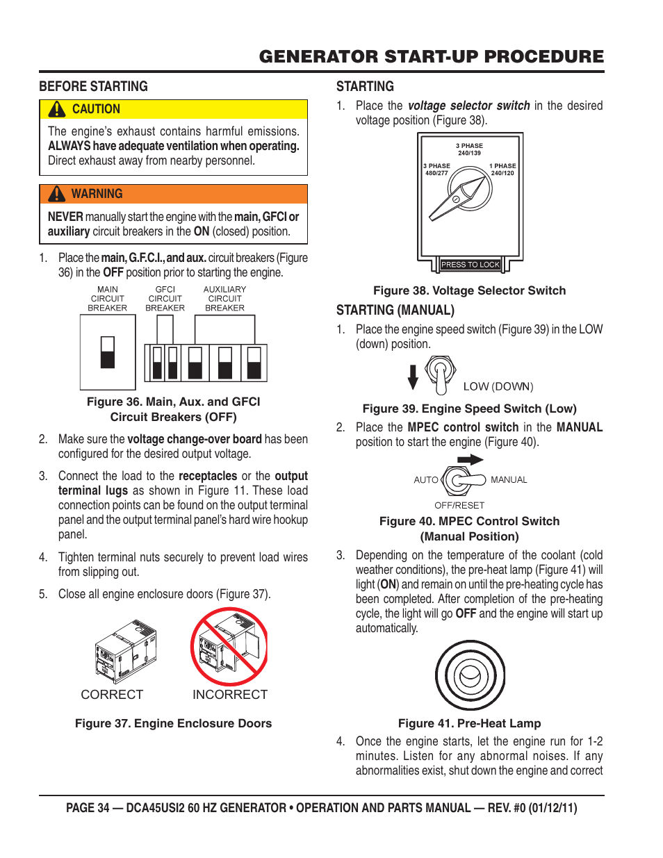 Generator start-up procedure | Multiquip 60Hz Whisperwatt Generator DCA45USI2 User Manual | Page 34 / 82