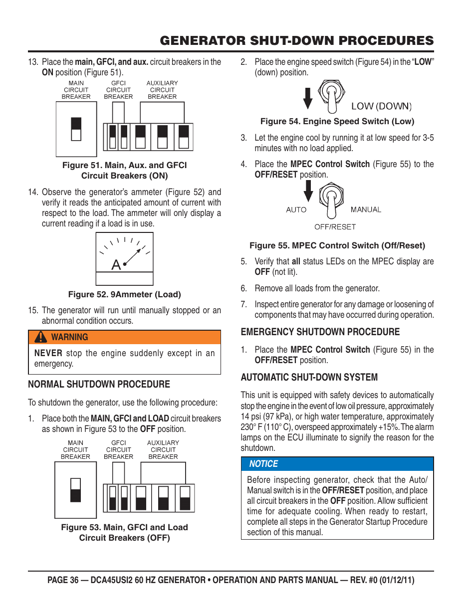 Generator shut-down procedures | Multiquip 60Hz Whisperwatt Generator DCA45USI2 User Manual | Page 36 / 82