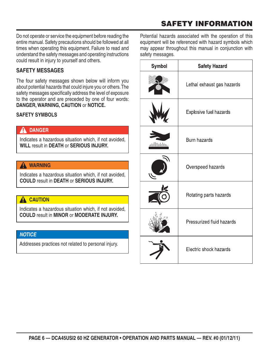 Safety information | Multiquip 60Hz Whisperwatt Generator DCA45USI2 User Manual | Page 6 / 82