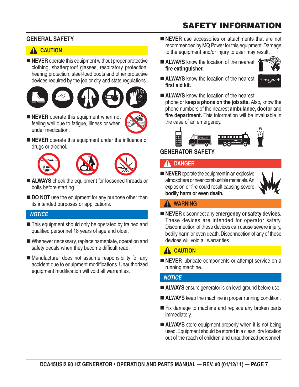 Safety information | Multiquip 60Hz Whisperwatt Generator DCA45USI2 User Manual | Page 7 / 82