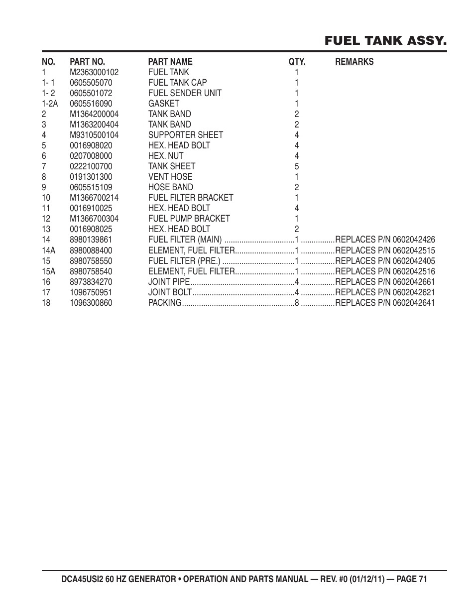 Fuel tank assy | Multiquip 60Hz Whisperwatt Generator DCA45USI2 User Manual | Page 71 / 82