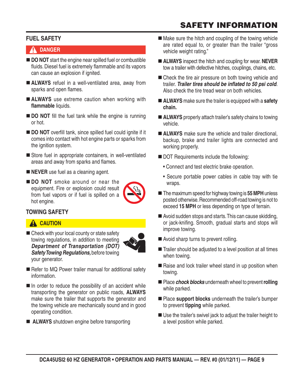 Safety information | Multiquip 60Hz Whisperwatt Generator DCA45USI2 User Manual | Page 9 / 82