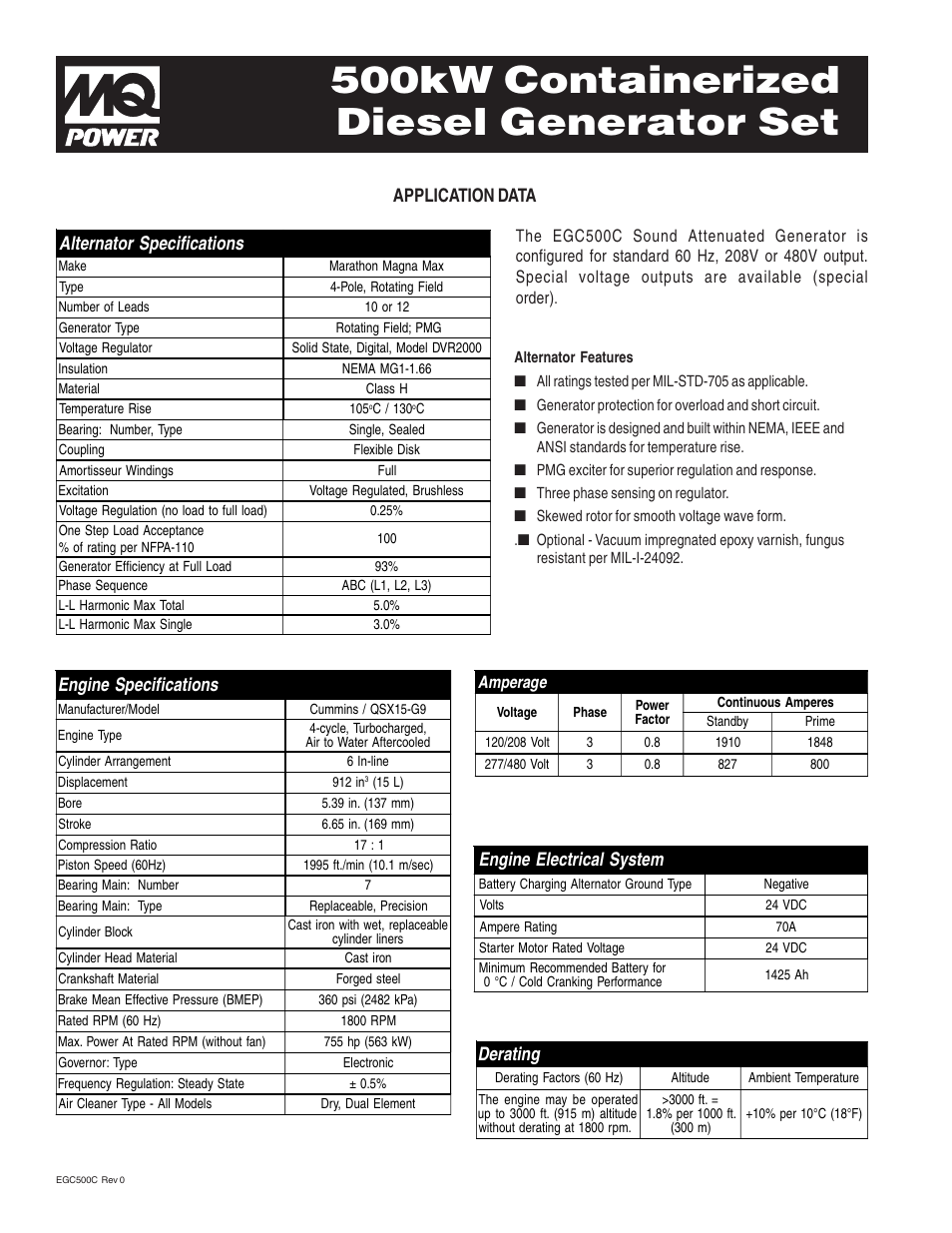 500kw containerized diesel generator set, Application data, Engine specifications | Engine electrical system, Alternator specifications, Derating | Multiquip 500kW Containerized Diesel Generator Set EGC-500C User Manual | Page 2 / 4
