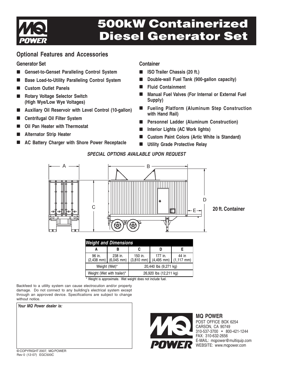 500kw containerized diesel generator set, Optional features and accessories | Multiquip 500kW Containerized Diesel Generator Set EGC-500C User Manual | Page 4 / 4