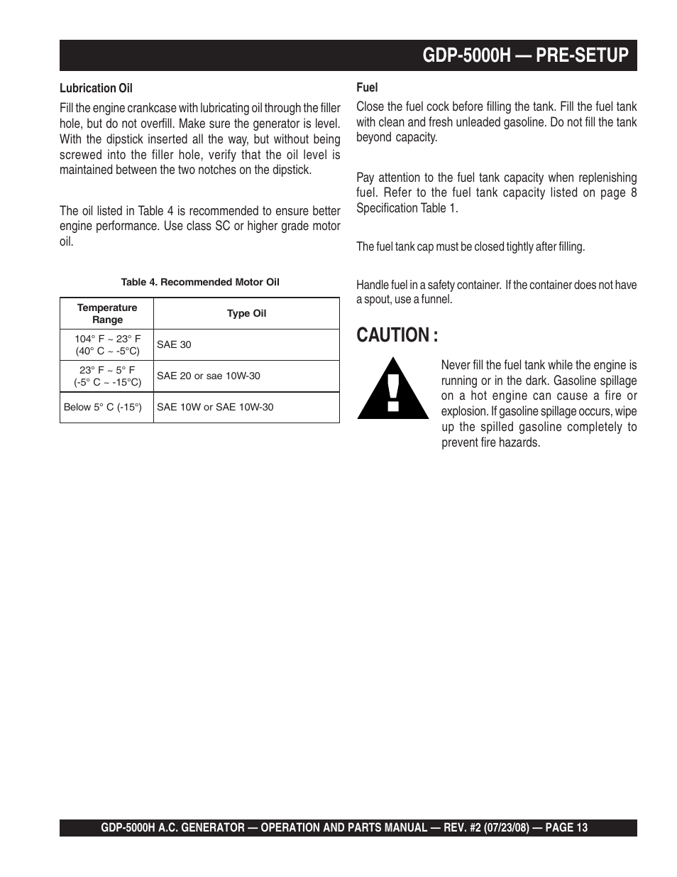 Caution, Gdp-5000h — pre-setup | Multiquip High Cycle Generator GBP5000H User Manual | Page 13 / 76