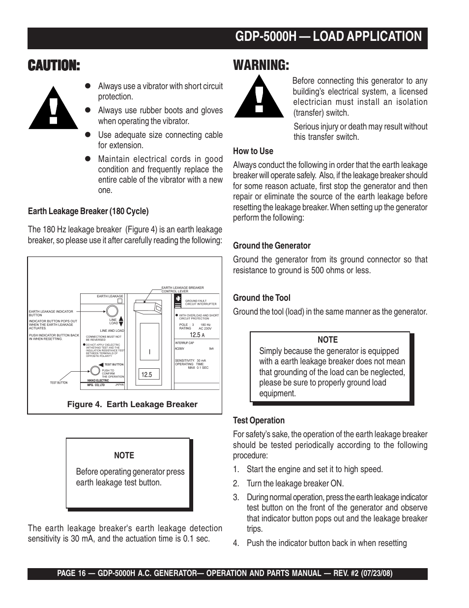 Caution, Gdp-5000h — load application, Warning | Multiquip High Cycle Generator GBP5000H User Manual | Page 16 / 76