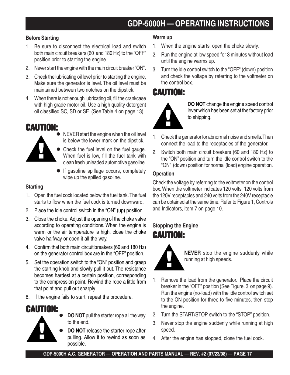 Gdp-5000h — operating instructions, Caution | Multiquip High Cycle Generator GBP5000H User Manual | Page 17 / 76