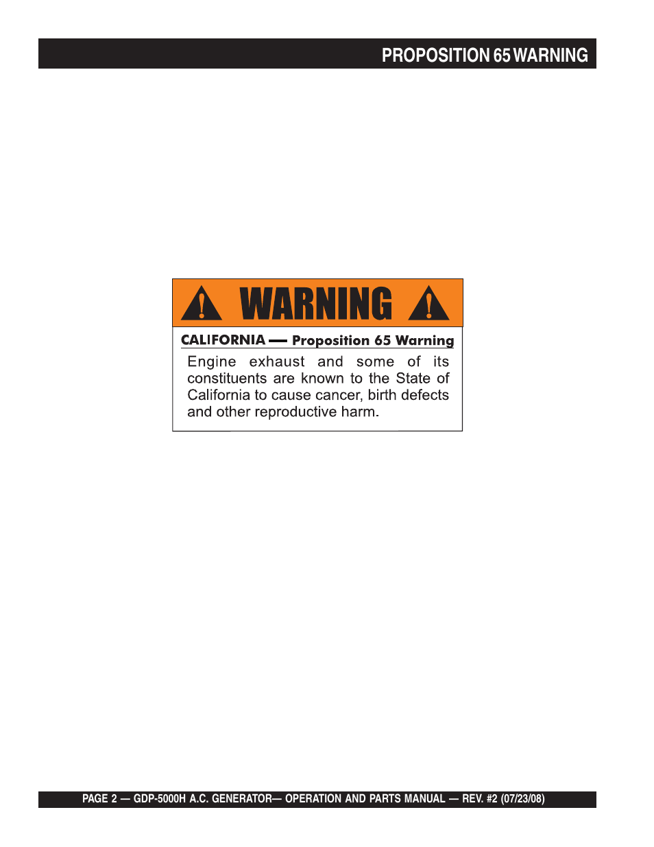 Proposition 65 warning | Multiquip High Cycle Generator GBP5000H User Manual | Page 2 / 76