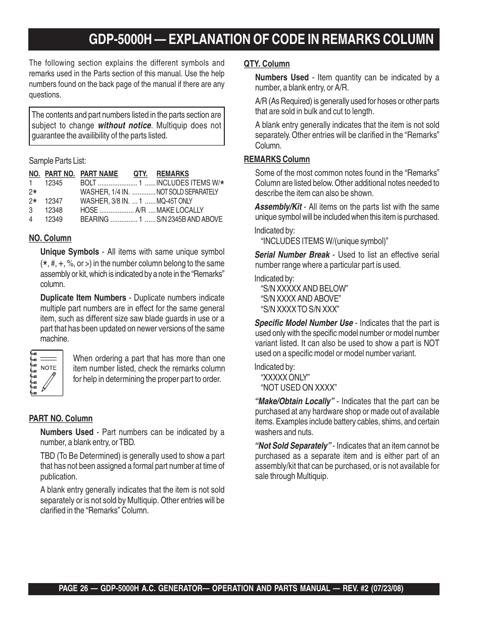 Gdp-5000h — explanation of code in remarks column | Multiquip High Cycle Generator GBP5000H User Manual | Page 26 / 76