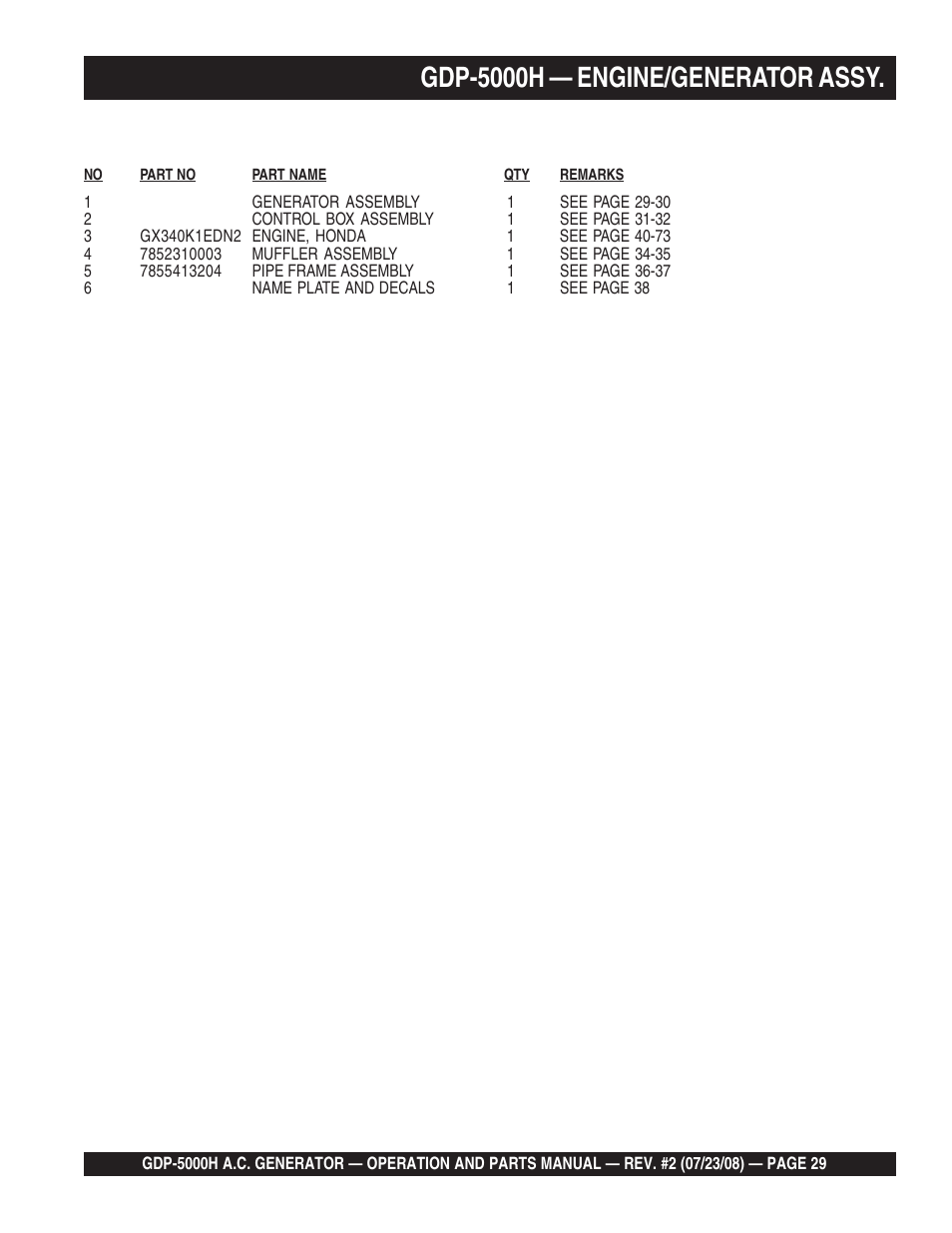 Gdp-5000h — engine/generator assy | Multiquip High Cycle Generator GBP5000H User Manual | Page 29 / 76