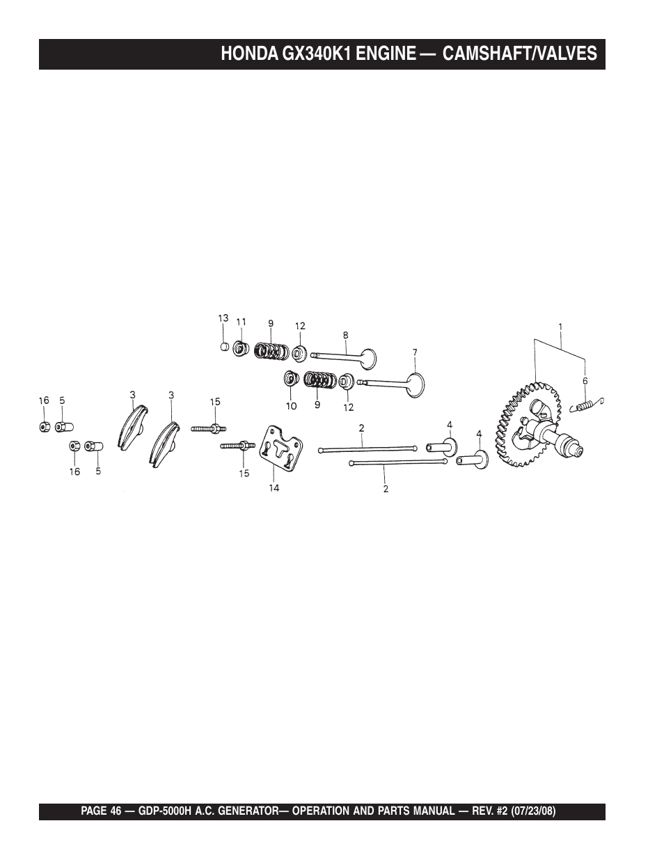 Honda gx340k1 engine — camshaft/valves | Multiquip High Cycle Generator GBP5000H User Manual | Page 46 / 76