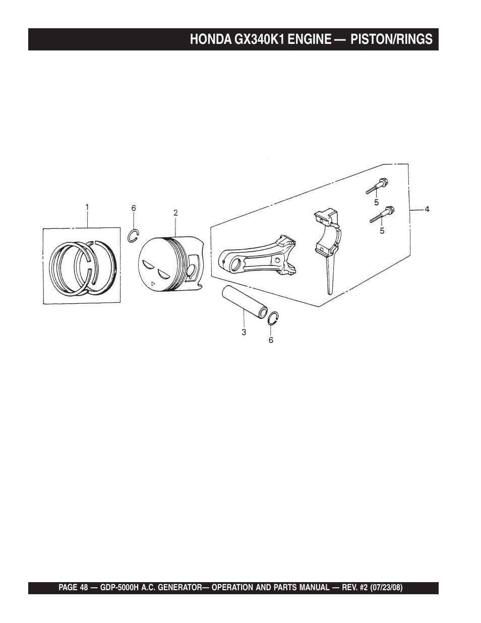 Honda gx340k1 engine — piston/rings | Multiquip High Cycle Generator GBP5000H User Manual | Page 48 / 76