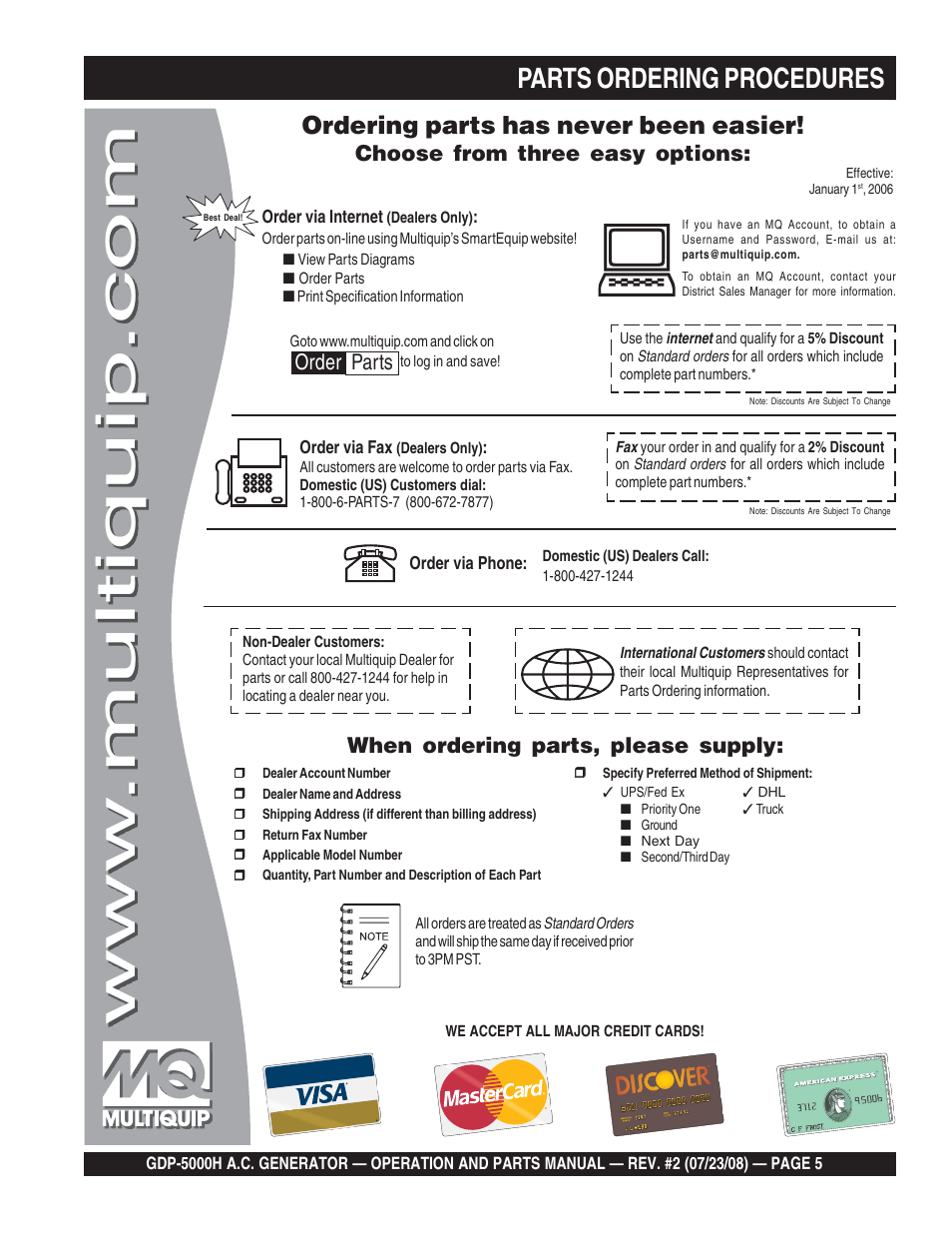 Parts ordering procedures, Ordering parts has never been easier, Choose from three easy options | When ordering parts, please supply, Order parts | Multiquip High Cycle Generator GBP5000H User Manual | Page 5 / 76