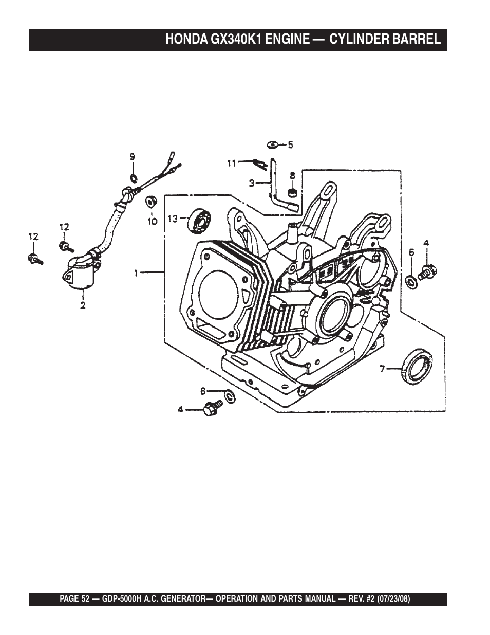 Honda gx340k1 engine — cylinder barrel | Multiquip High Cycle Generator GBP5000H User Manual | Page 52 / 76