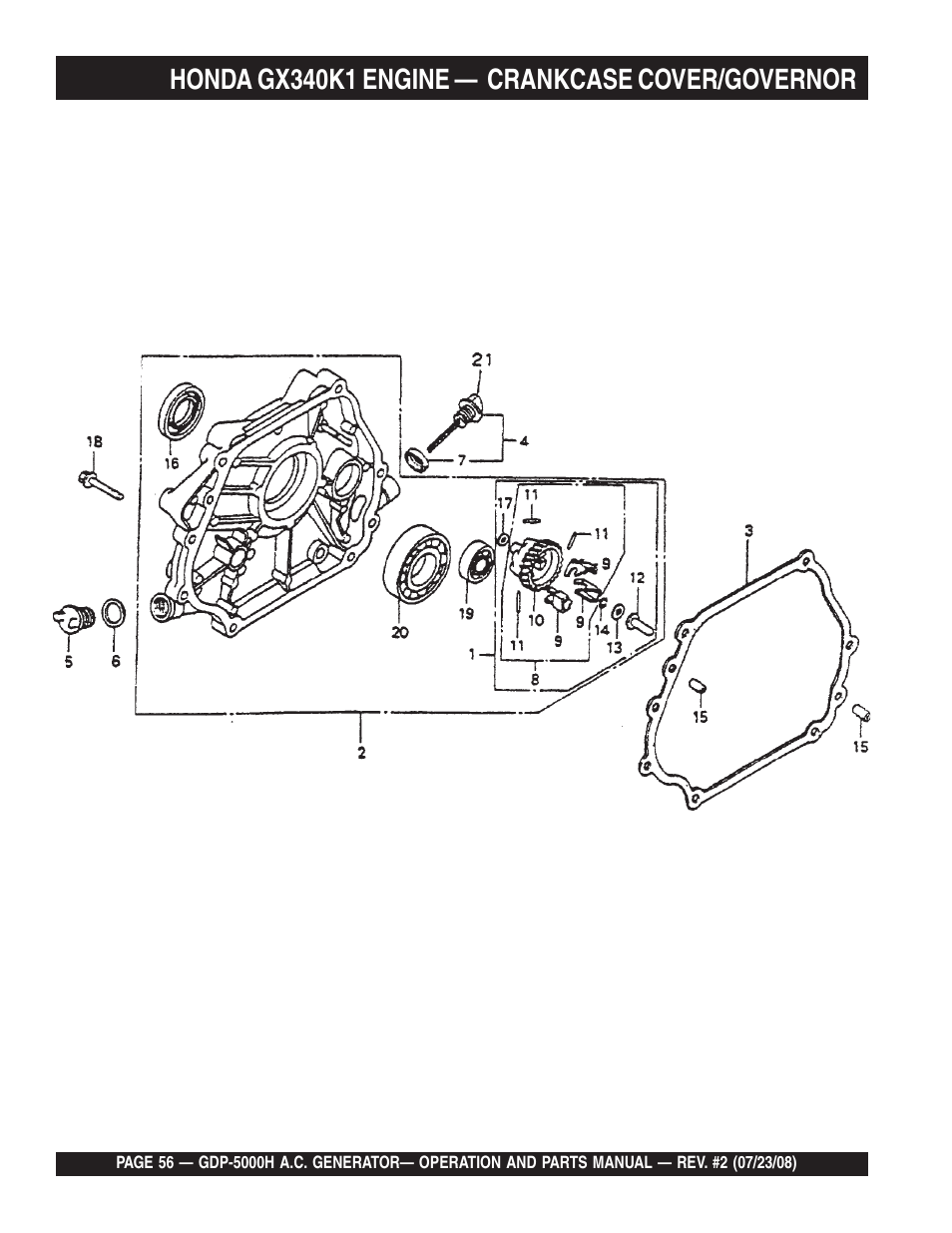 Honda gx340k1 engine — crankcase cover/governor | Multiquip High Cycle Generator GBP5000H User Manual | Page 56 / 76