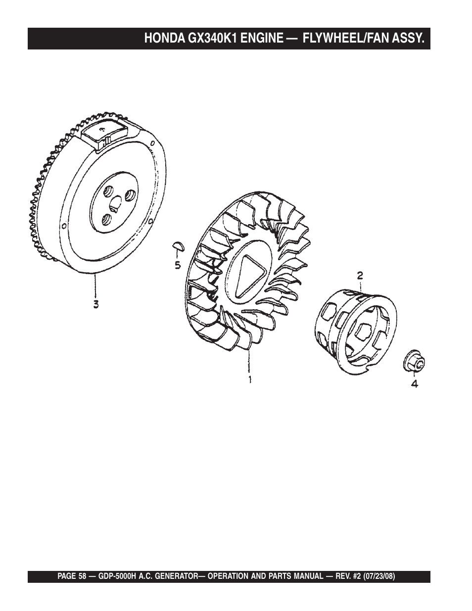 Honda gx340k1 engine — flywheel/fan assy | Multiquip High Cycle Generator GBP5000H User Manual | Page 58 / 76