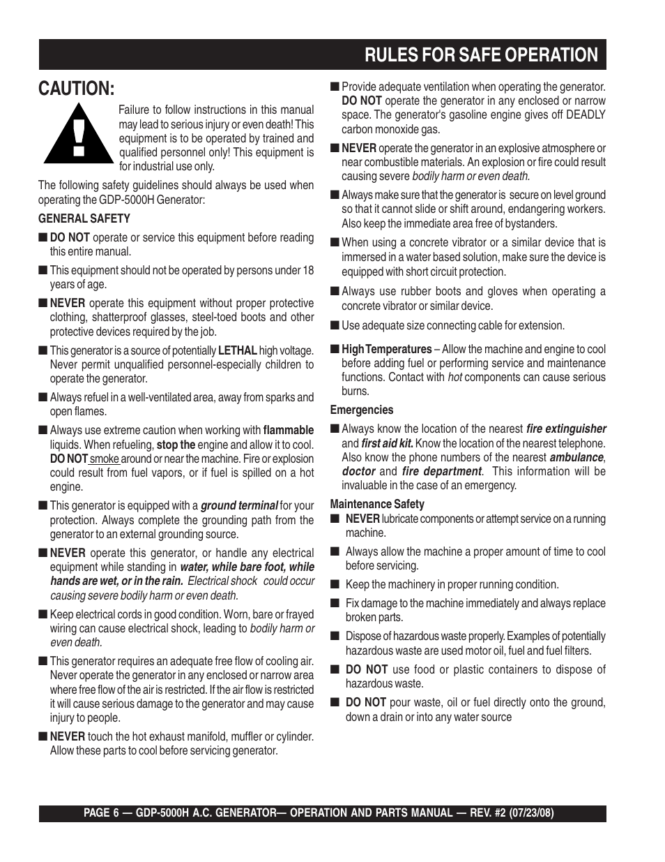Rules for safe operation caution | Multiquip High Cycle Generator GBP5000H User Manual | Page 6 / 76