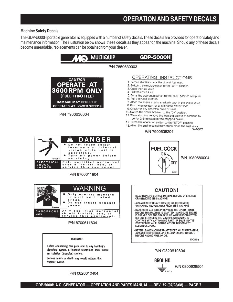 Operation and safety decals | Multiquip High Cycle Generator GBP5000H User Manual | Page 7 / 76