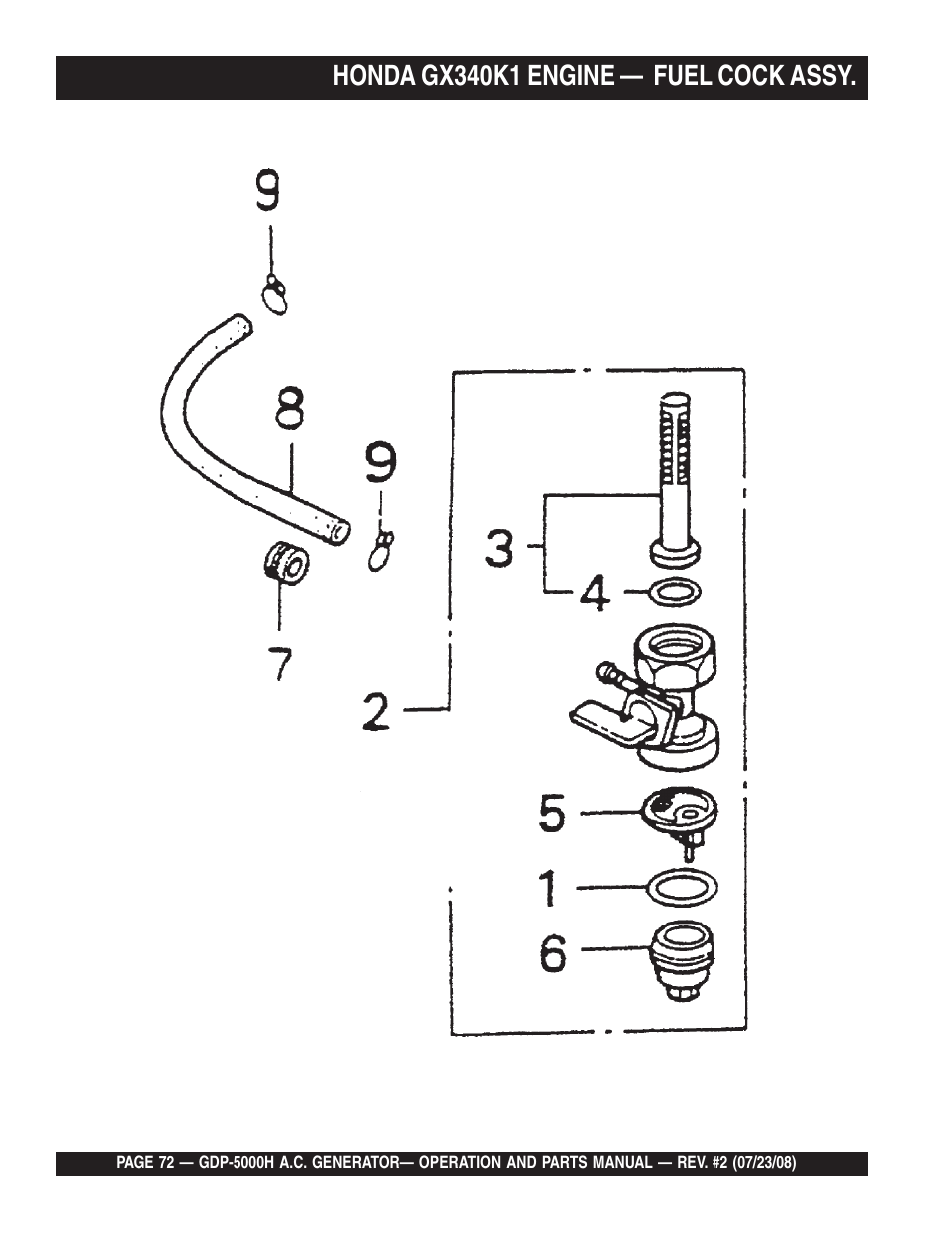 Honda gx340k1 engine — fuel cock assy | Multiquip High Cycle Generator GBP5000H User Manual | Page 72 / 76