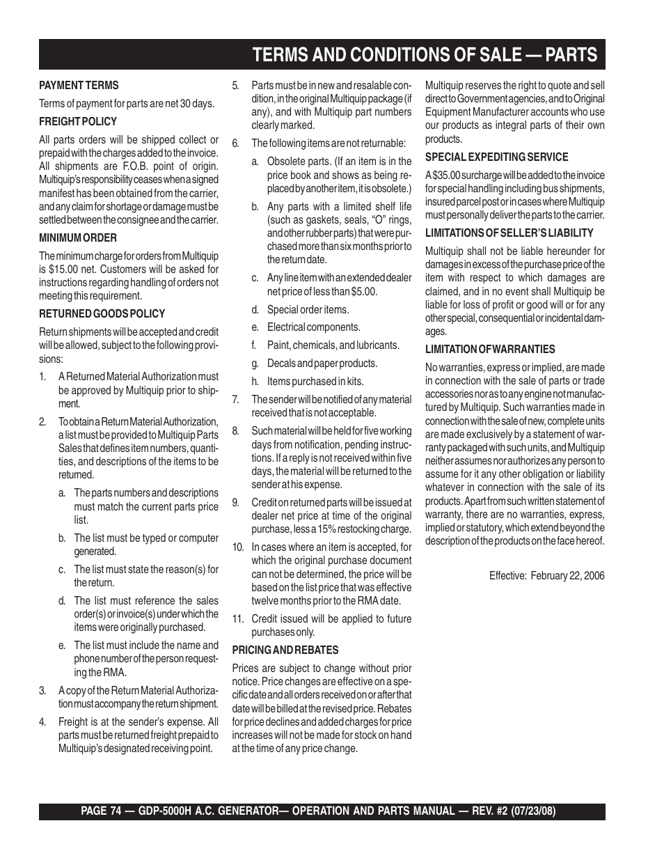 Terms and conditions of sale — parts | Multiquip High Cycle Generator GBP5000H User Manual | Page 74 / 76