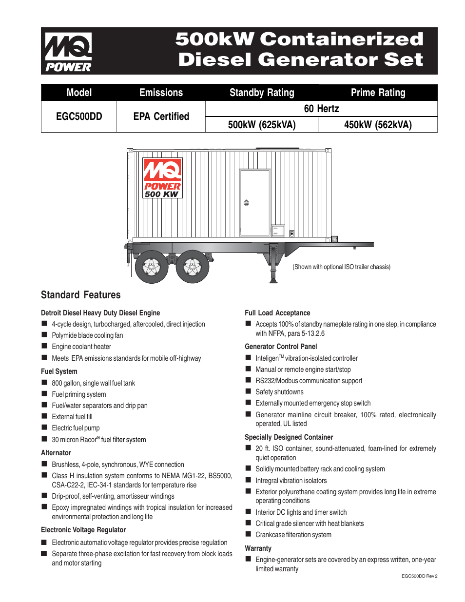 Multiquip MQ Power 500 kW Containerized Diesel Generator Set EGC500DD User Manual | 4 pages