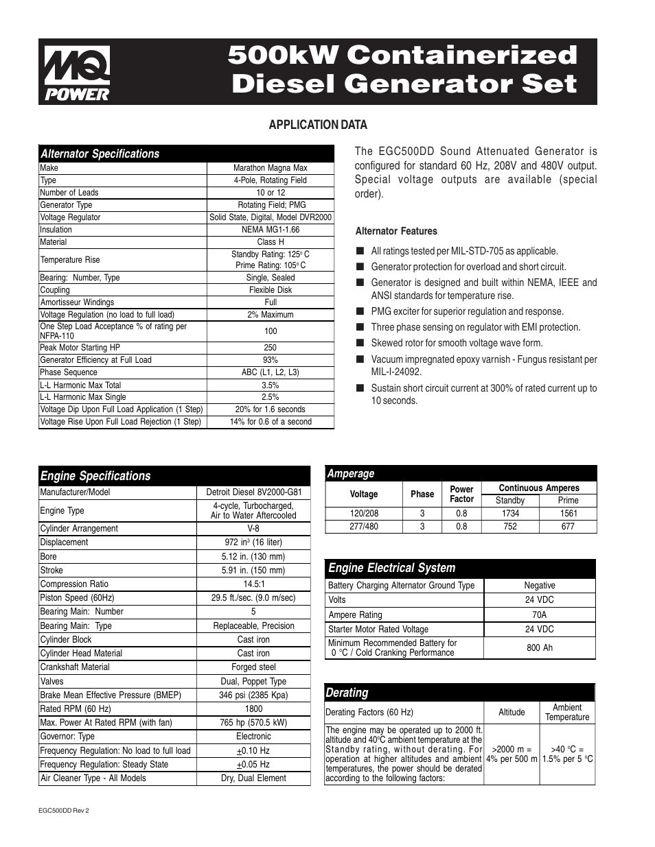 500kw containerized diesel generator set, Application data, Engine specifications | Engine electrical system, Derating | Multiquip MQ Power 500 kW Containerized Diesel Generator Set EGC500DD User Manual | Page 2 / 4