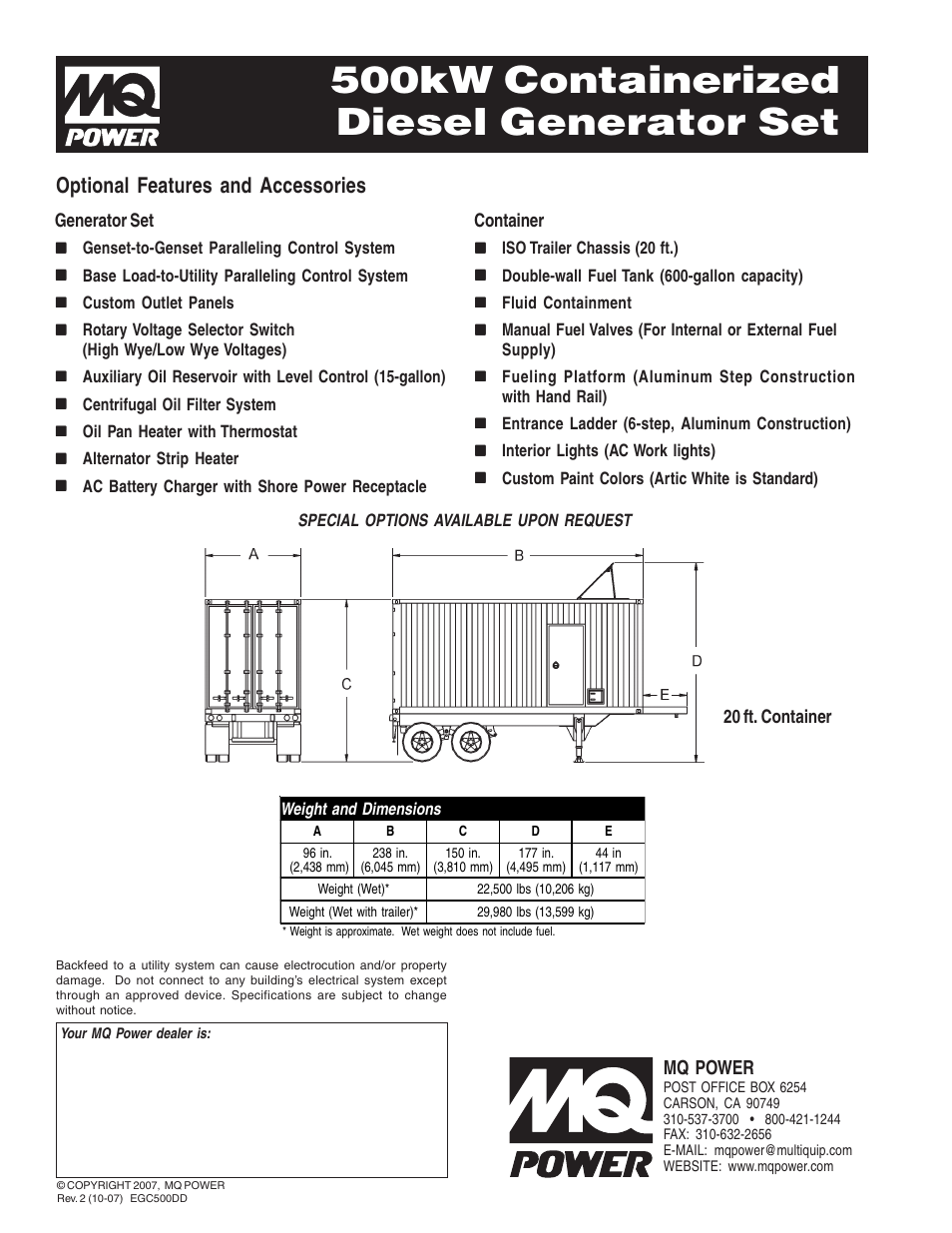 500kw containerized diesel generator set, Optional features and accessories | Multiquip MQ Power 500 kW Containerized Diesel Generator Set EGC500DD User Manual | Page 4 / 4