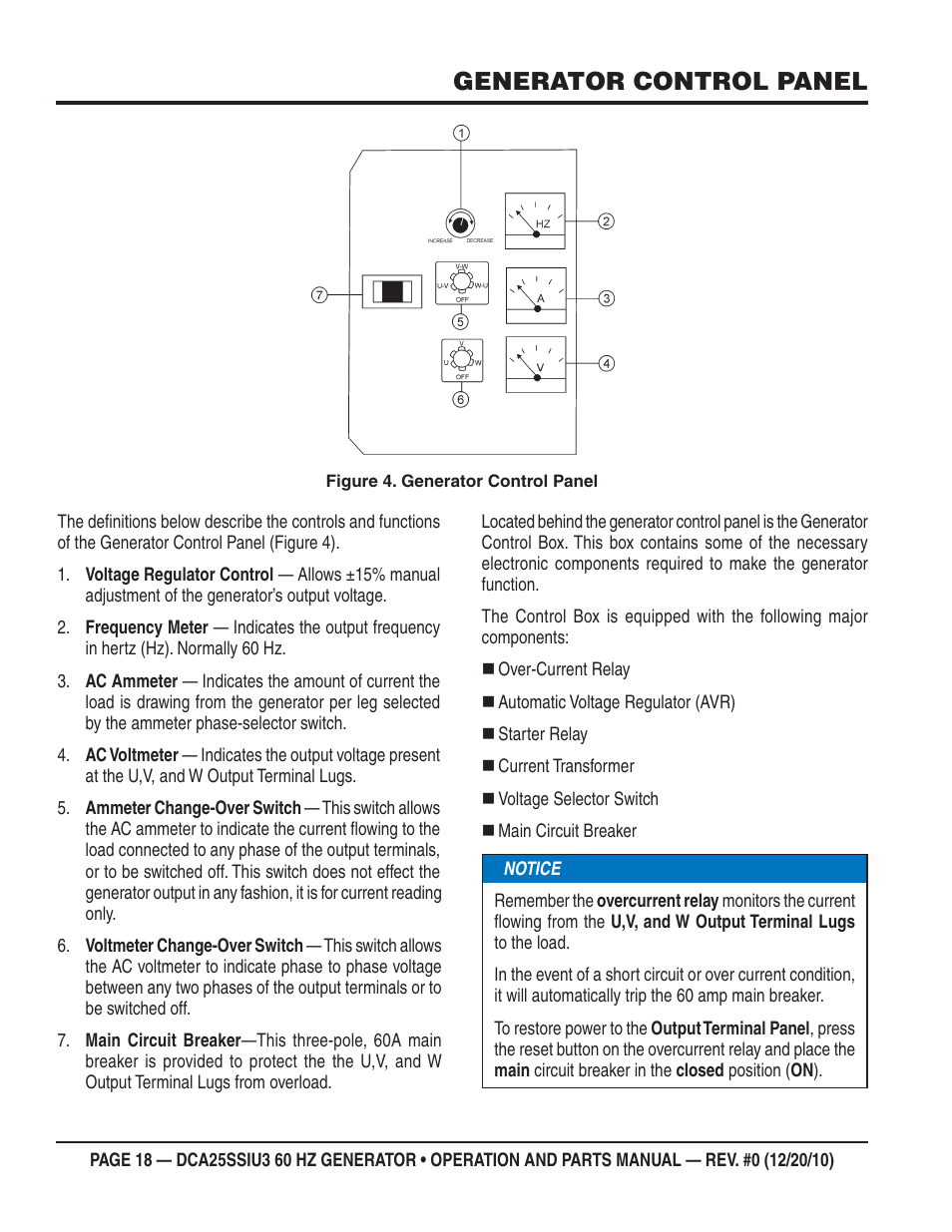 Generator control panel | Multiquip 60HZ GENERATOR DCA25SSIU3 User Manual | Page 18 / 76