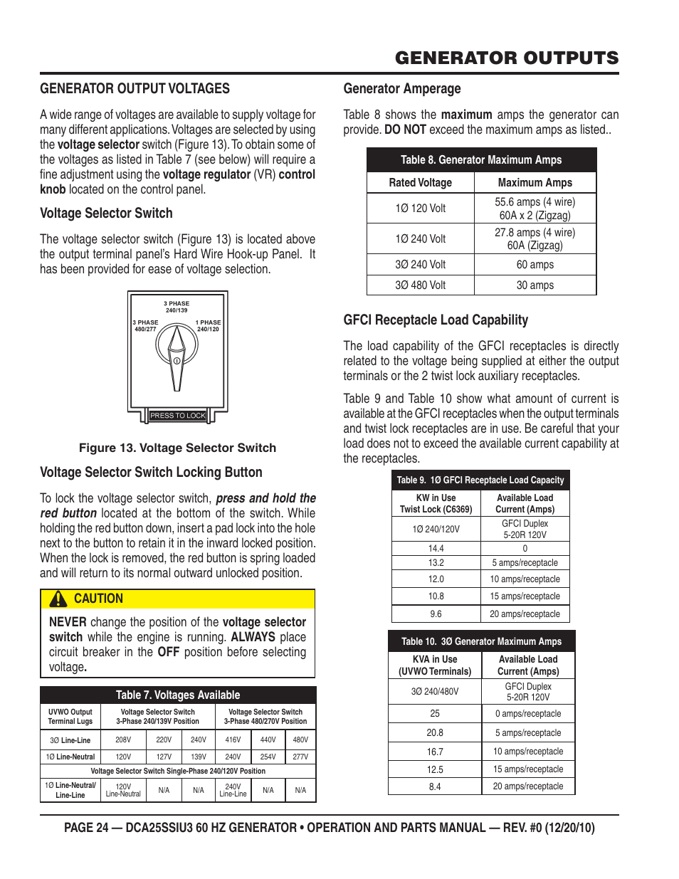 Generator outputs, Generator output voltages, Voltage selector switch | Voltage selector switch locking button, Generator amperage, Gfci receptacle load capability | Multiquip 60HZ GENERATOR DCA25SSIU3 User Manual | Page 24 / 76