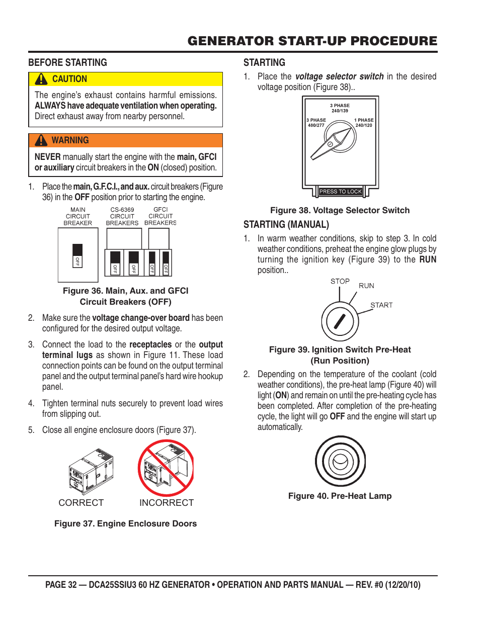 Generator start-up procedure | Multiquip 60HZ GENERATOR DCA25SSIU3 User Manual | Page 32 / 76